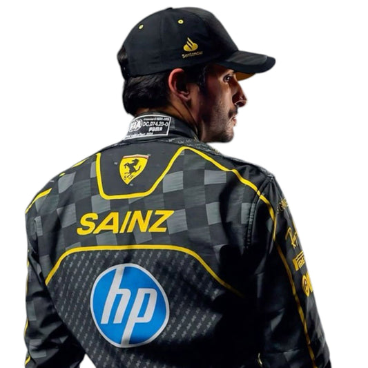 Carlos Sainz 2025 Ferrari F1 race suit replica in black with official sponsor logos