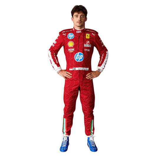 Charles Leclerc 2025 Ferrari Monza GP F1 race suit replica with classic Ferrari detailing and special Monza edition design
