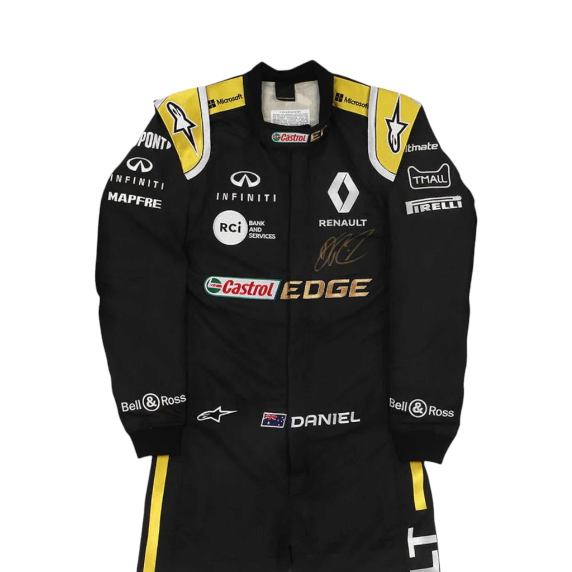 Daniel Ricciardo 2019 Renault F1 race suit replica in black and yellow design with Renault DP World team logos