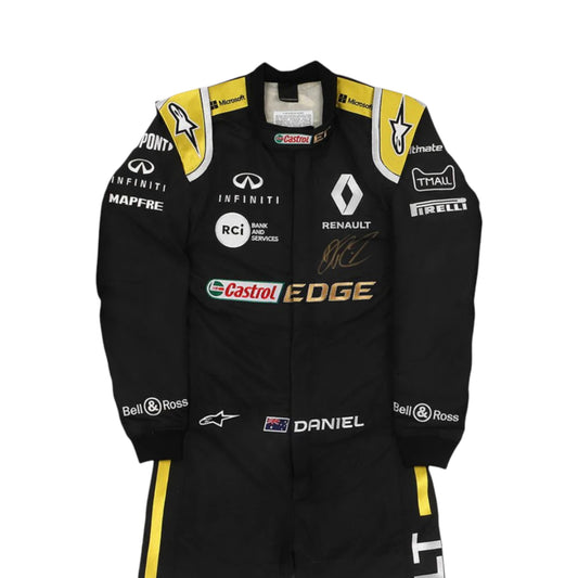 Daniel Ricciardo 2019 Renault F1 race suit replica in black and yellow design with Renault DP World team logos