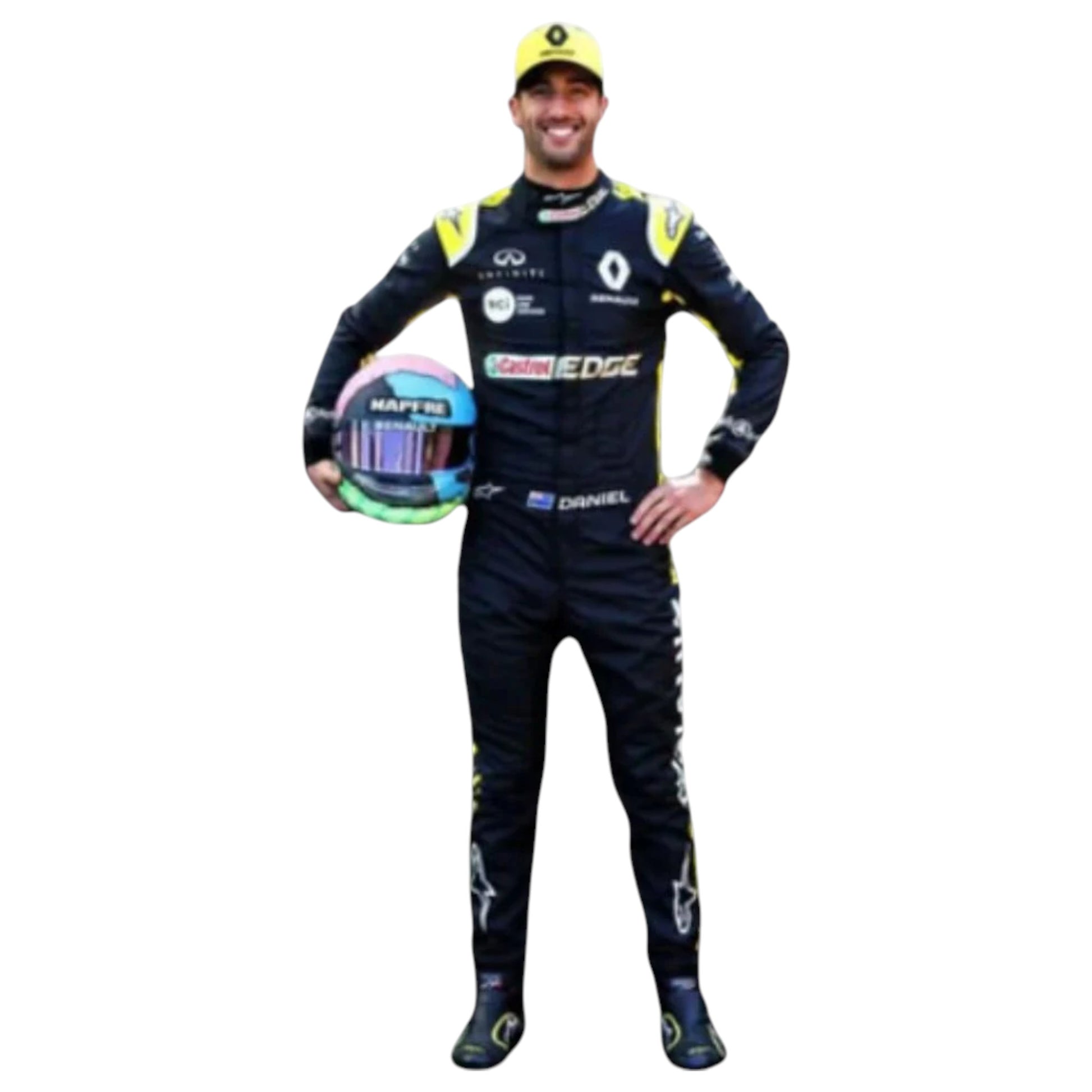 Daniel Ricciardo 2019 Renault F1 race suit replica in black and yellow design with Renault DP World team logos