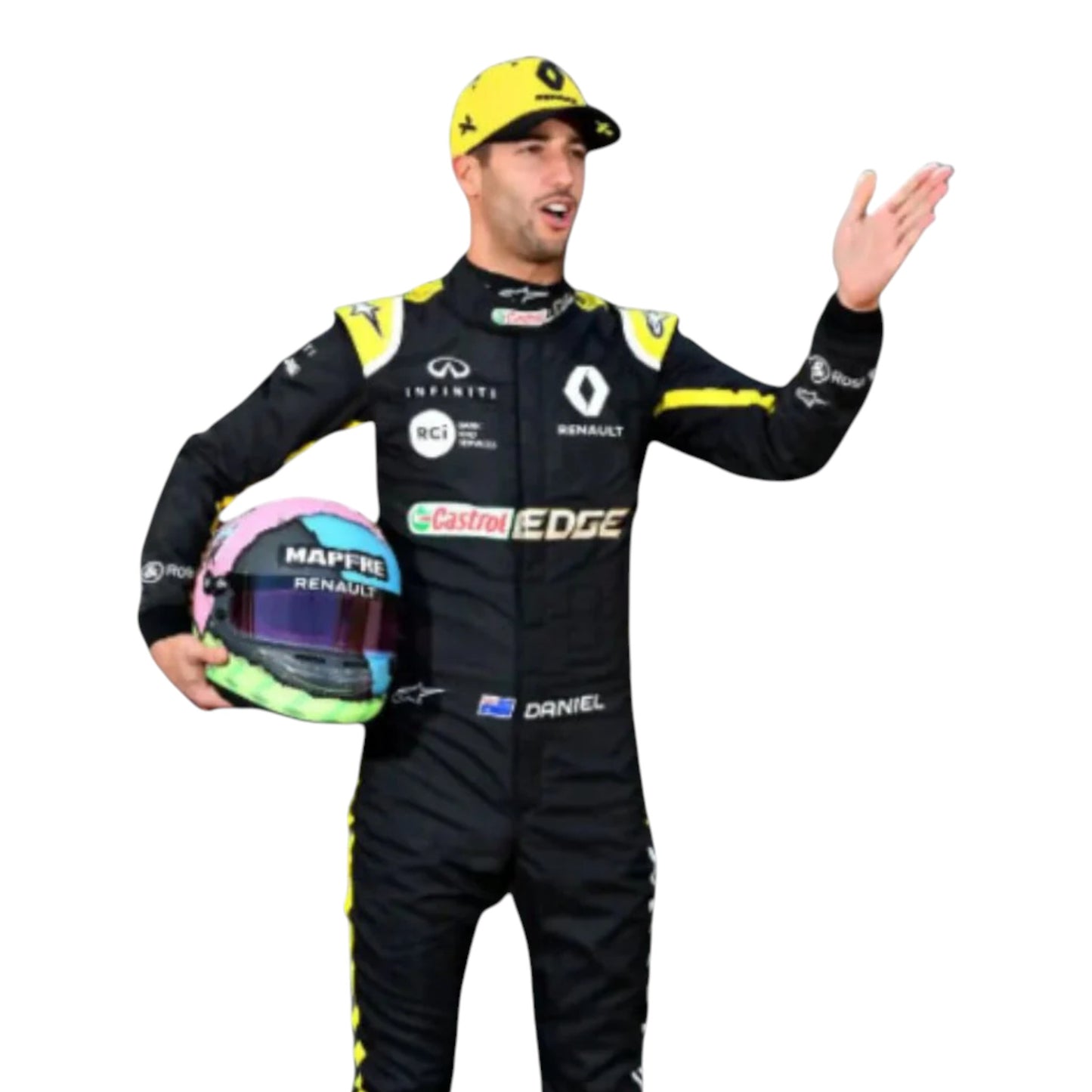 Daniel Ricciardo 2019 Renault F1 race suit replica in black and yellow design with Renault DP World team logos