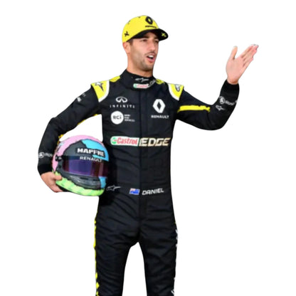 Daniel Ricciardo 2019 Renault F1 race suit replica in black and yellow design with Renault DP World team logos