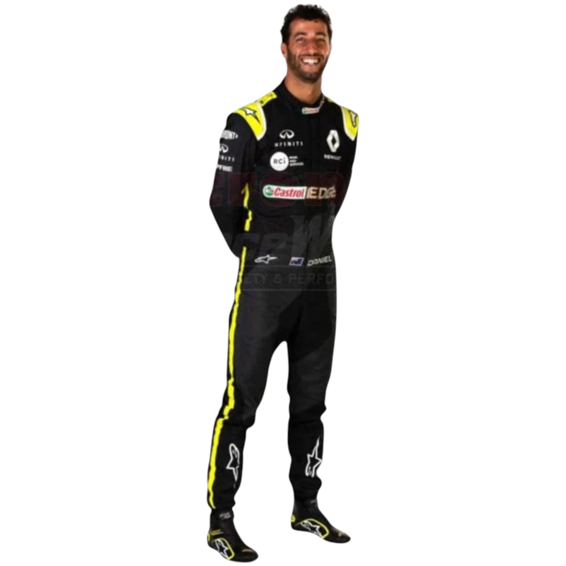 Daniel Ricciardo 2020 Renault F1 race suit replica in black and yellow design with Renault DP World team branding