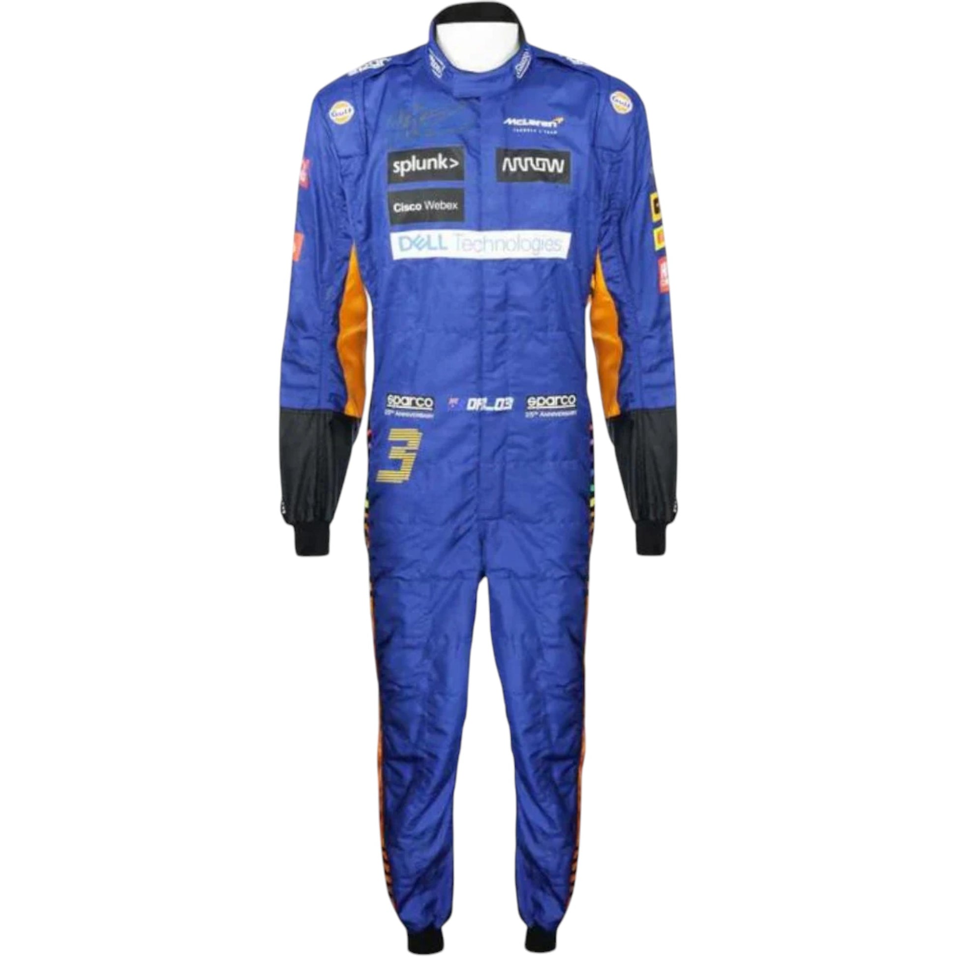Daniel Ricciardo 2021 McLaren F1 race suit replica featuring papaya orange and blue team design with sponsor logos