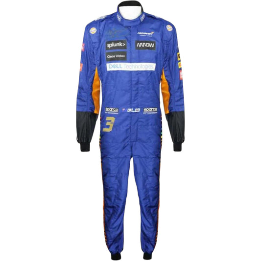 Daniel Ricciardo 2021 McLaren F1 race suit replica featuring papaya orange and blue team design with sponsor logos