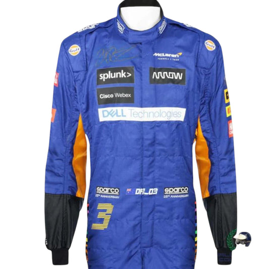 Daniel Ricciardo 2021 McLaren F1 race suit replica featuring papaya orange and blue team design with sponsor logos