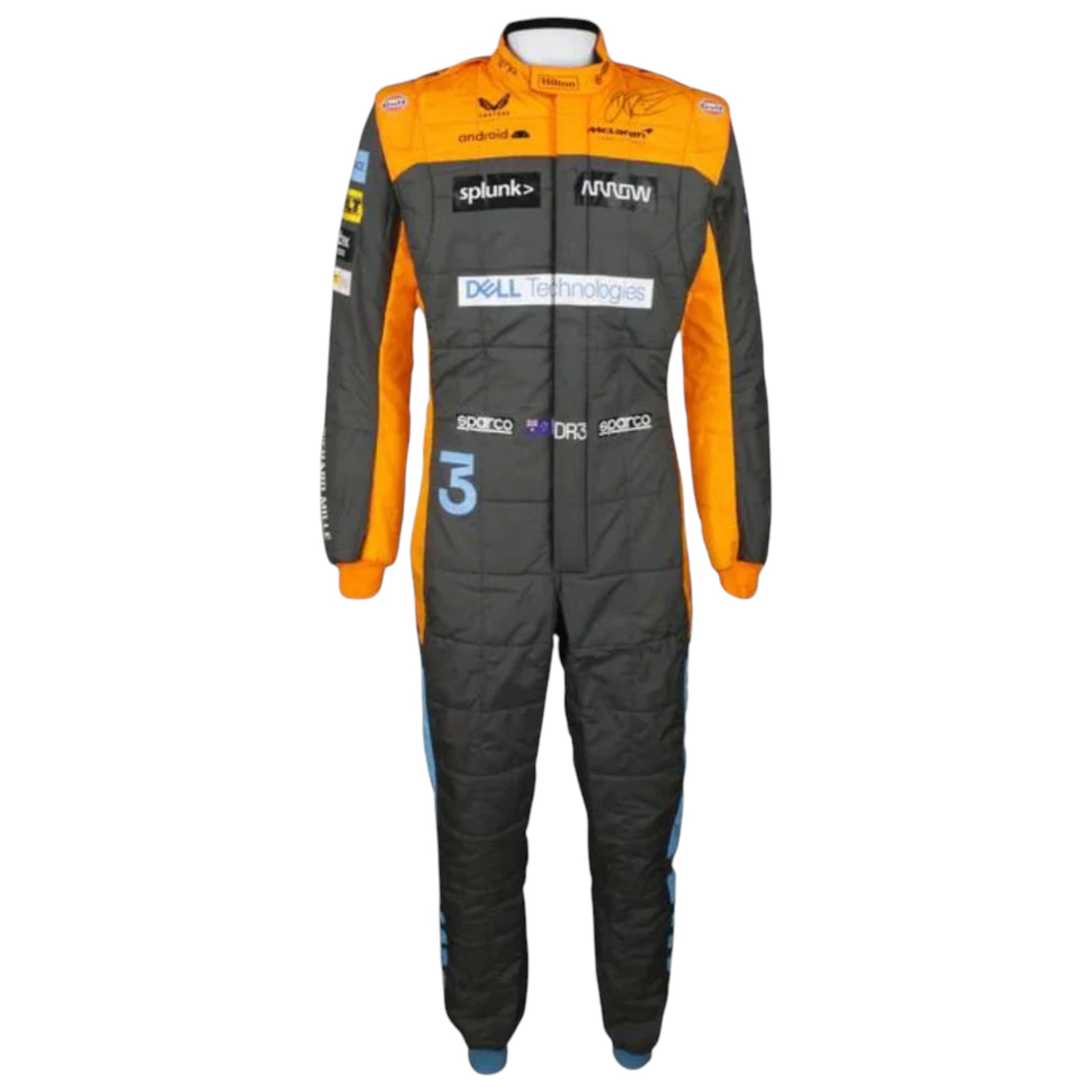 Replica of Daniel Ricciardo 2022 McLaren F1 driver suit showcasing authentic team branding and design details