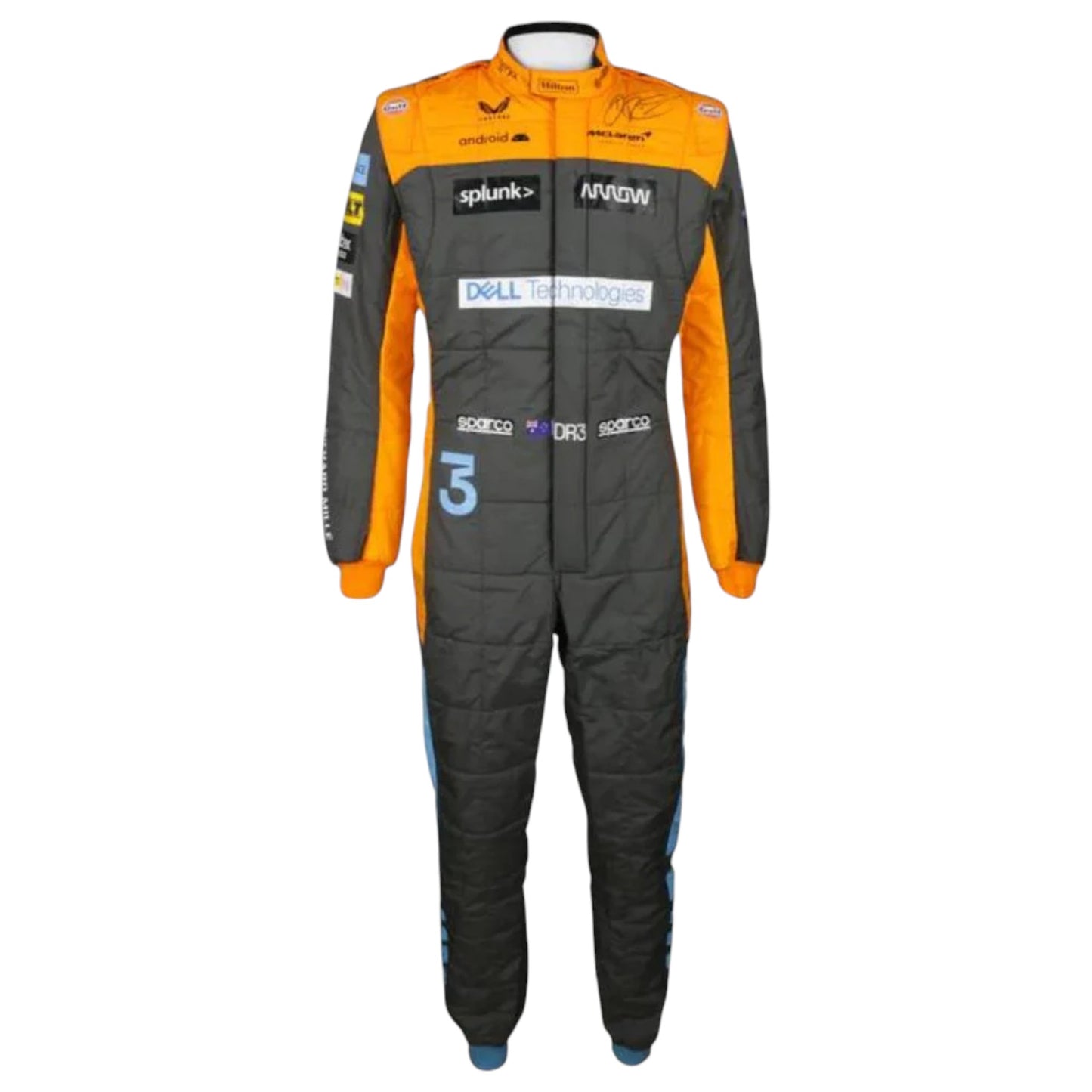 Replica of Daniel Ricciardo 2022 McLaren F1 driver suit showcasing authentic team branding and design details