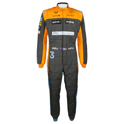 Replica of Daniel Ricciardo 2022 McLaren F1 driver suit showcasing authentic team branding and design details