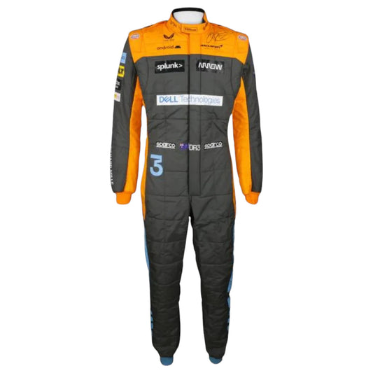 Replica of Daniel Ricciardo 2022 McLaren F1 driver suit showcasing authentic team branding and design details