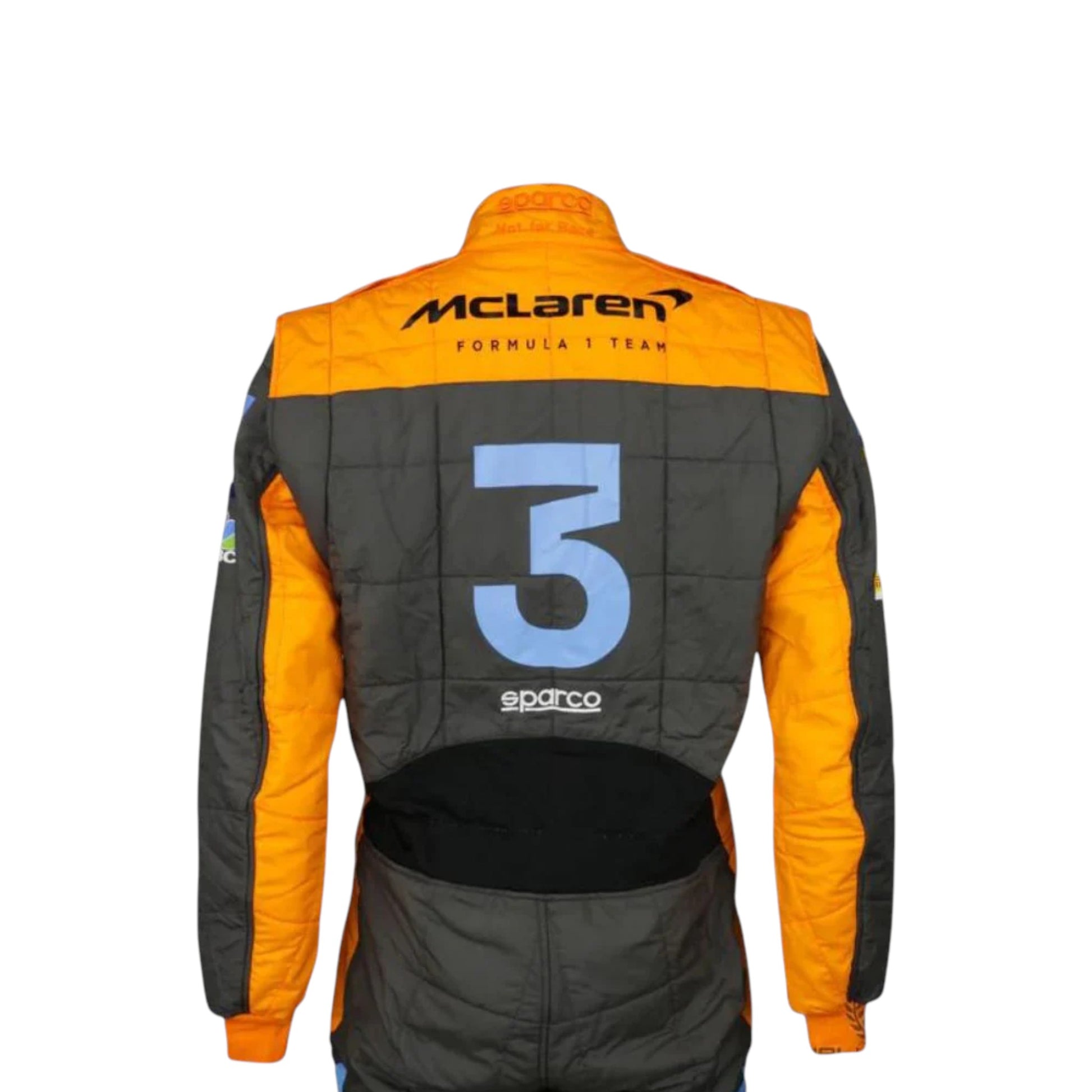 Replica of Daniel Ricciardo 2022 McLaren F1 driver suit showcasing authentic team branding and design details