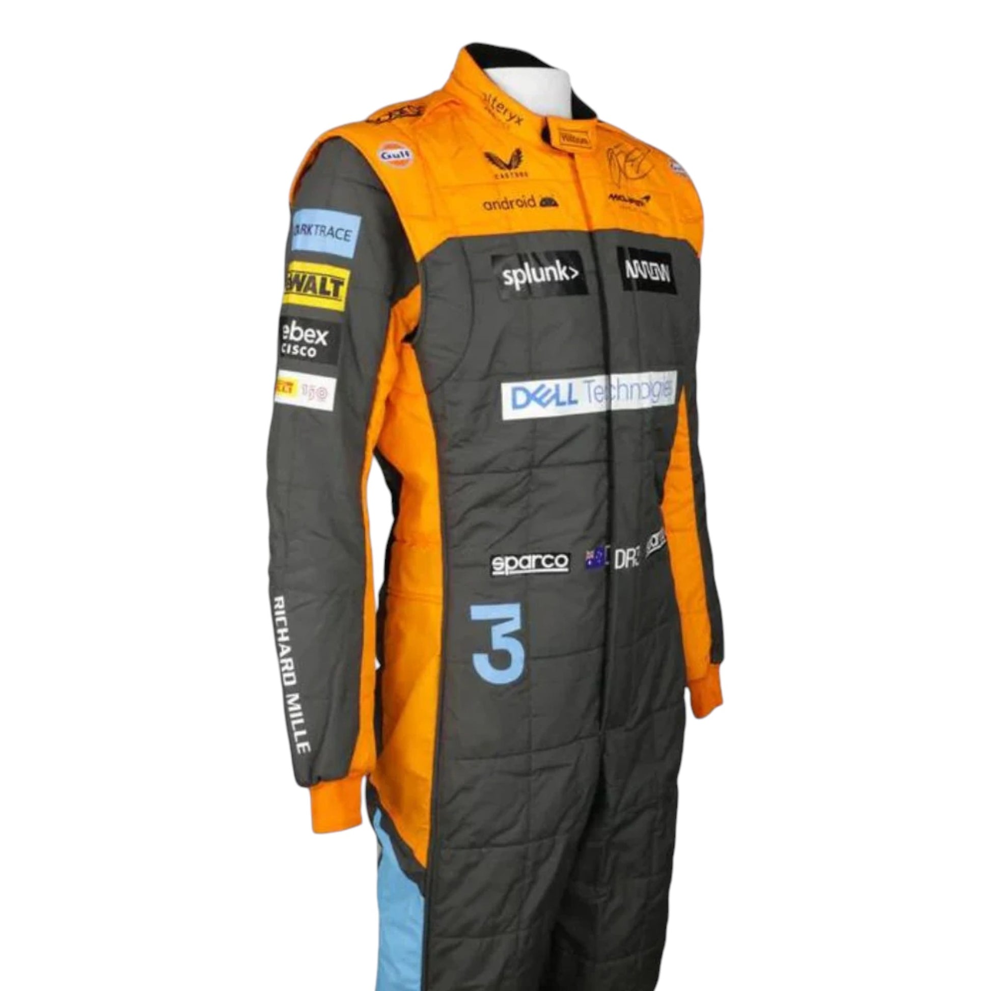 Replica of Daniel Ricciardo 2022 McLaren F1 driver suit showcasing authentic team branding and design details