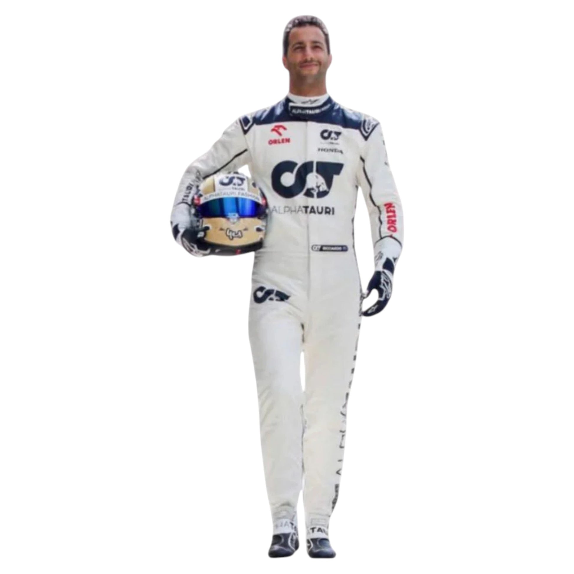 Daniel Ricciardo 2023 AlphaTauri F1 race suit replica with navy blue and white design featuring Red Bull and Honda logos