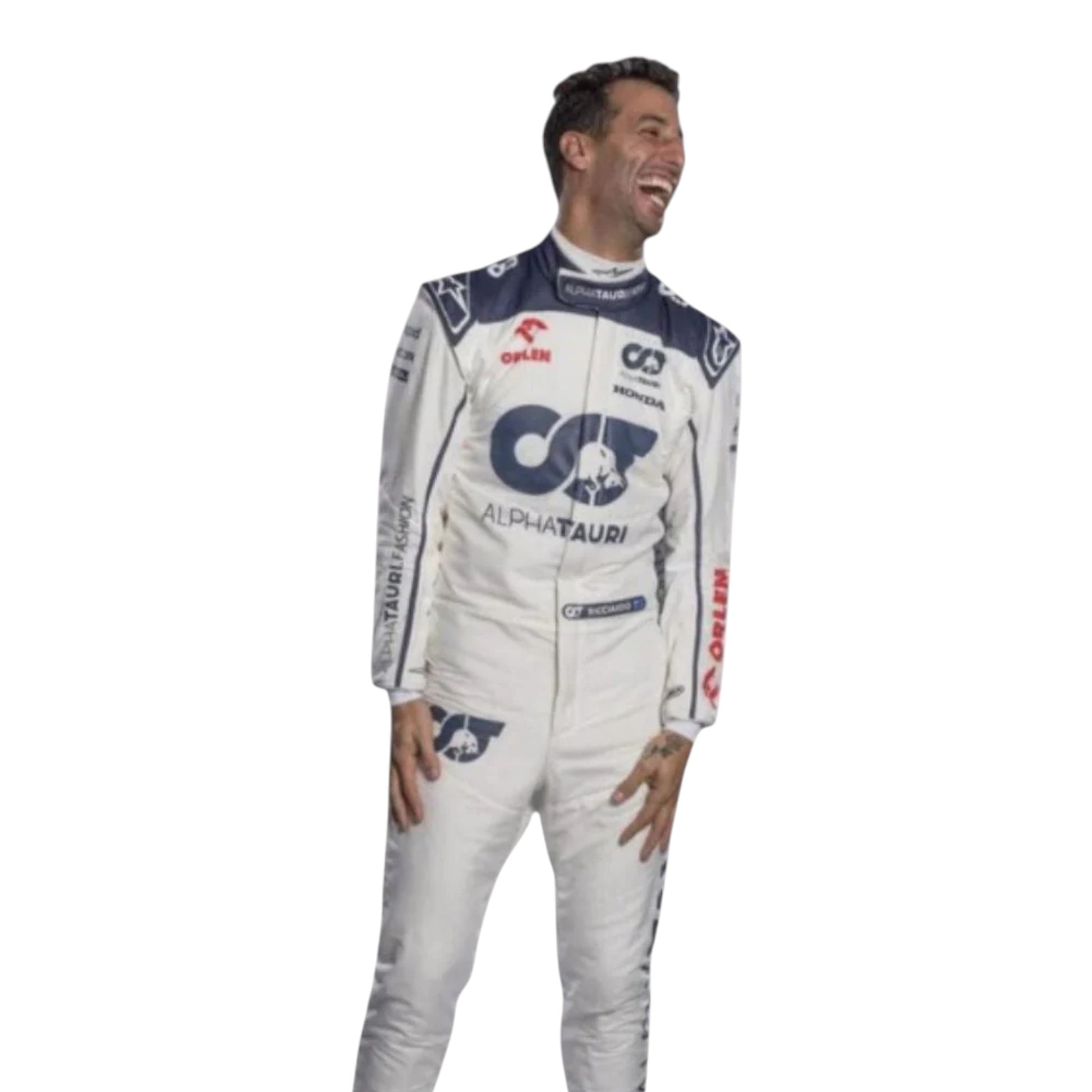 Daniel Ricciardo 2023 AlphaTauri F1 race suit replica with navy blue and white design featuring Red Bull and Honda logos
