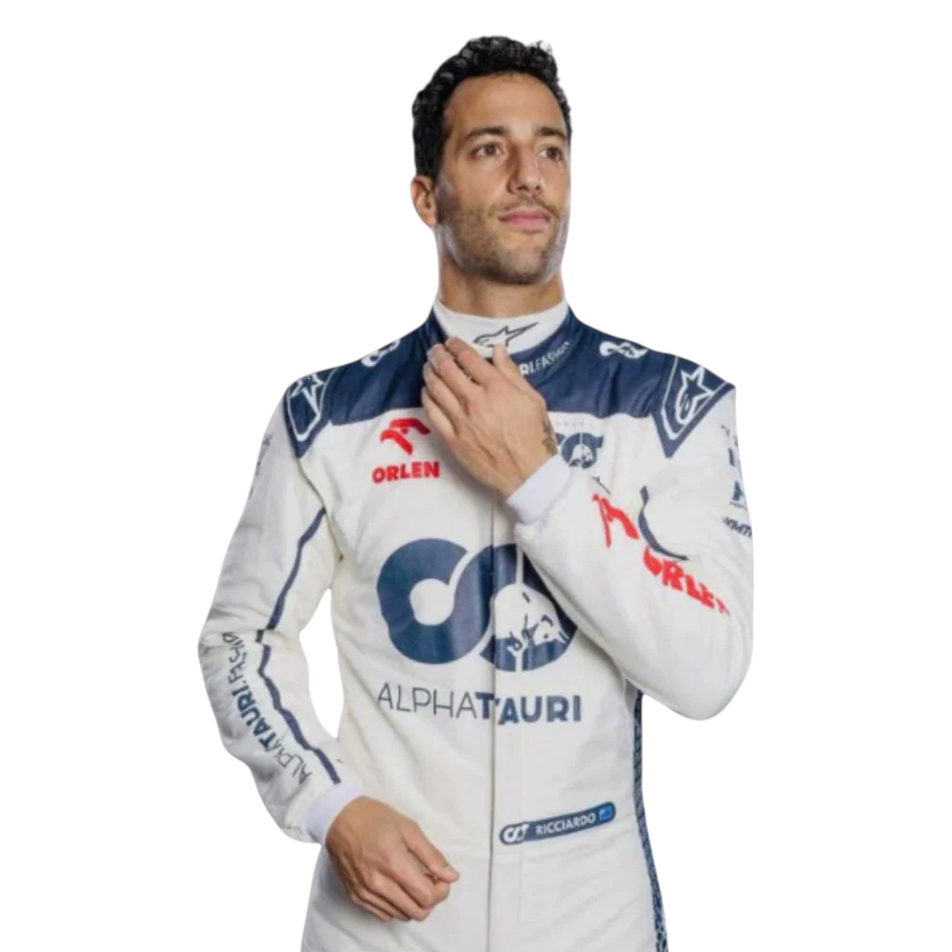 Daniel Ricciardo 2023 AlphaTauri F1 race suit replica with navy blue and white design featuring Red Bull and Honda logos