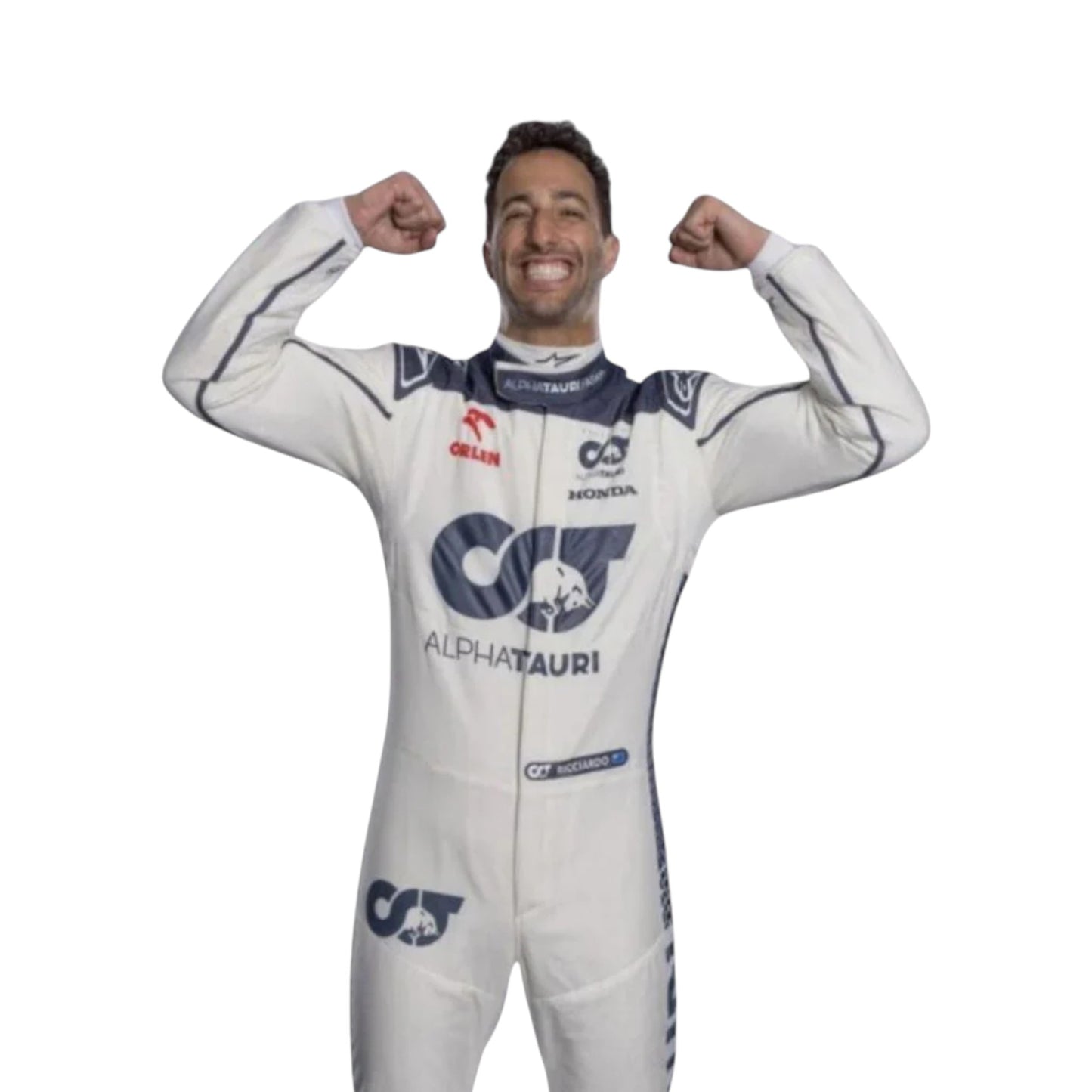 Daniel Ricciardo 2023 AlphaTauri F1 race suit replica with navy blue and white design featuring Red Bull and Honda logos