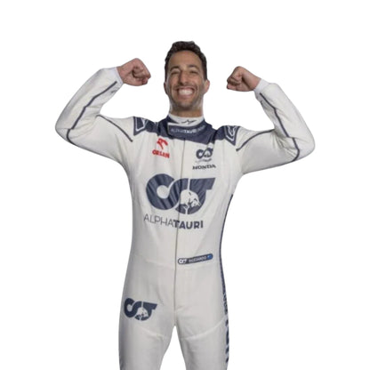 Daniel Ricciardo 2023 AlphaTauri F1 race suit replica with navy blue and white design featuring Red Bull and Honda logos
