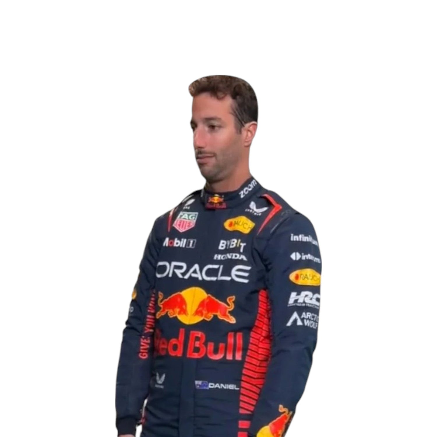 2023 Daniel Ricciardo Red Bull Racing F1 suit replica authentic teamwear with bold Oracle Red Bull branding and race season details
