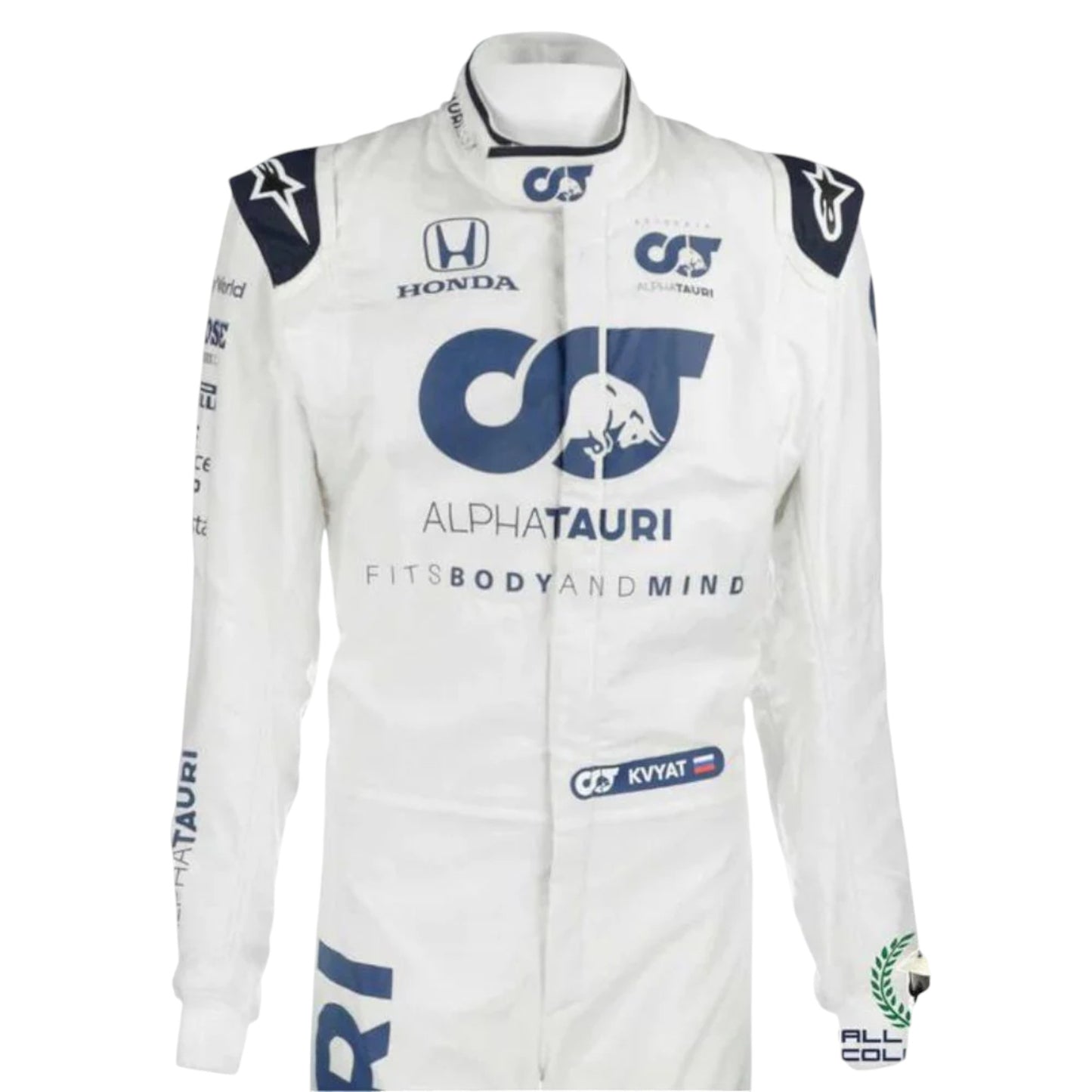Daniil Kvyat 2020 AlphaTauri F1 race suit replica with navy blue and white design featuring Red Bull branding