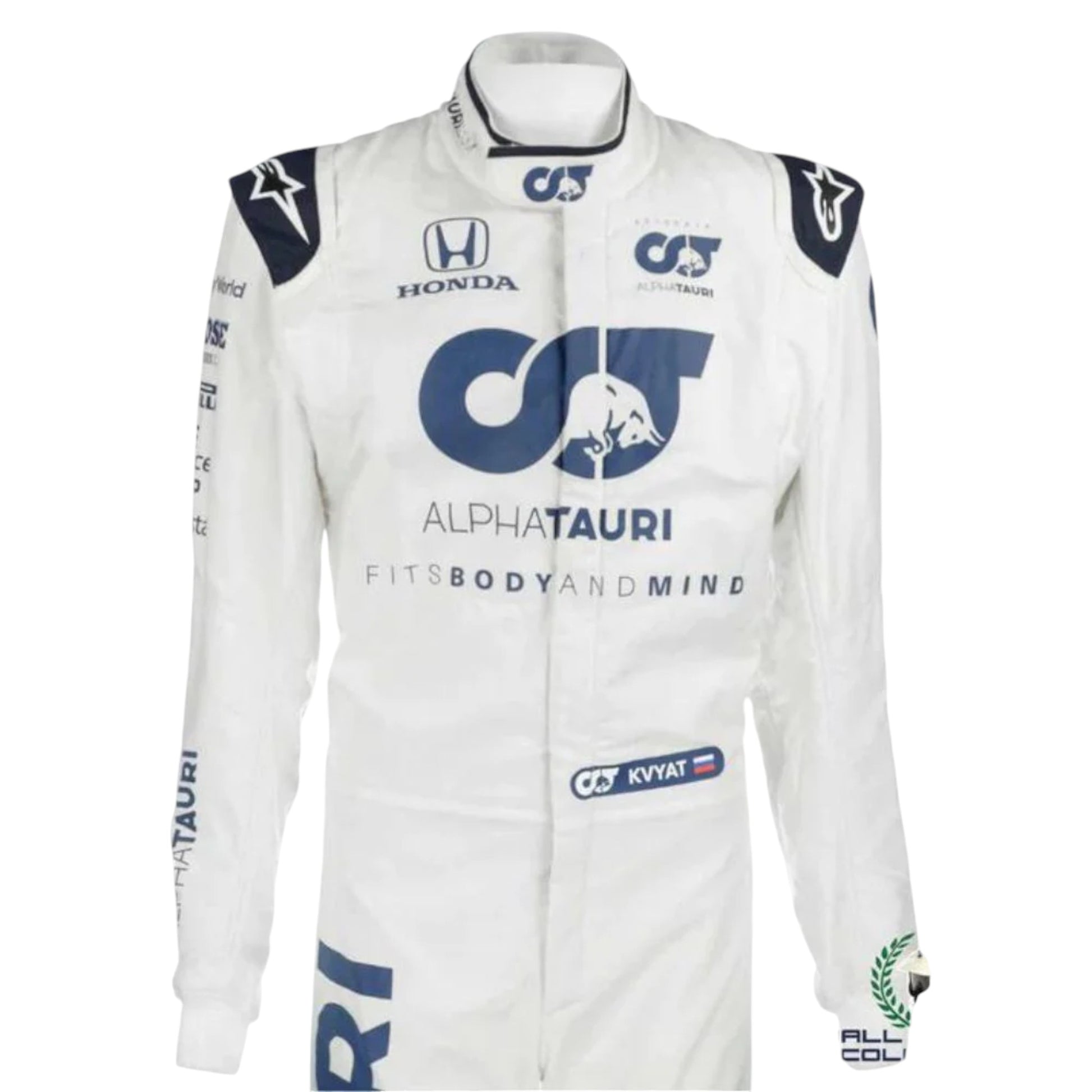 Daniil Kvyat 2020 AlphaTauri F1 race suit replica with navy blue and white design featuring Red Bull branding