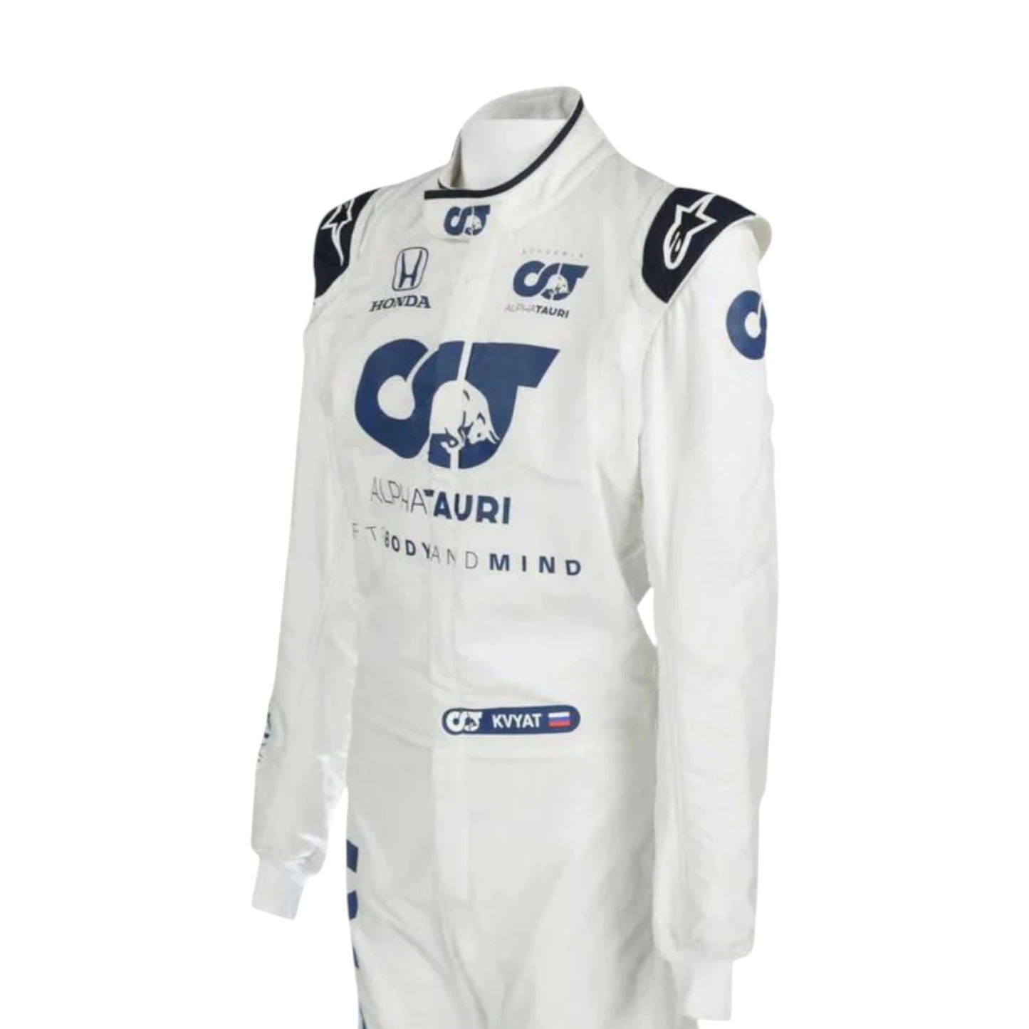 Daniil Kvyat 2020 AlphaTauri F1 race suit replica with navy blue and white design featuring Red Bull branding