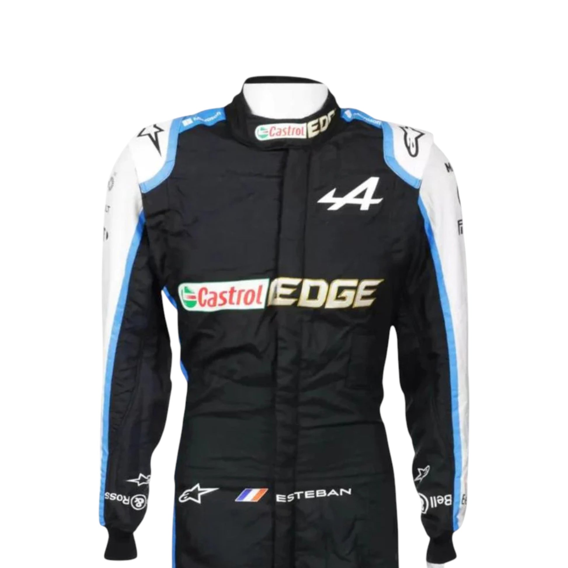 Replica of Esteban Ocon 2021 Alpine F1 driver suit featuring authentic team branding and sponsor details