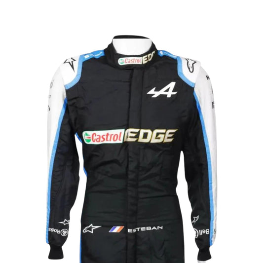 Replica of Esteban Ocon 2021 Alpine F1 driver suit featuring authentic team branding and sponsor details