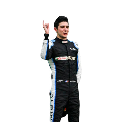 Replica of Esteban Ocon 2021 Alpine F1 driver suit featuring authentic team branding and sponsor details