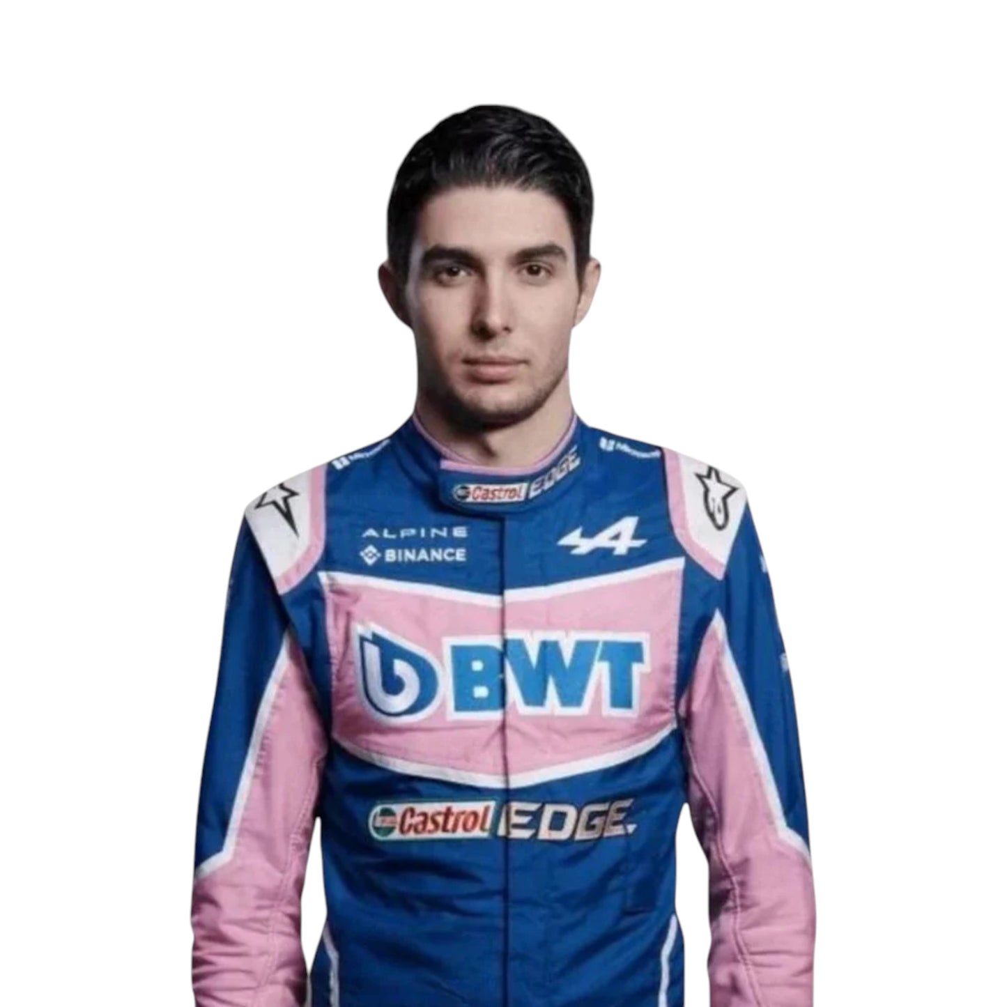 Esteban Ocon 2022 BWT Alpine F1 race suit replica with blue and pink team design featuring sponsor logos