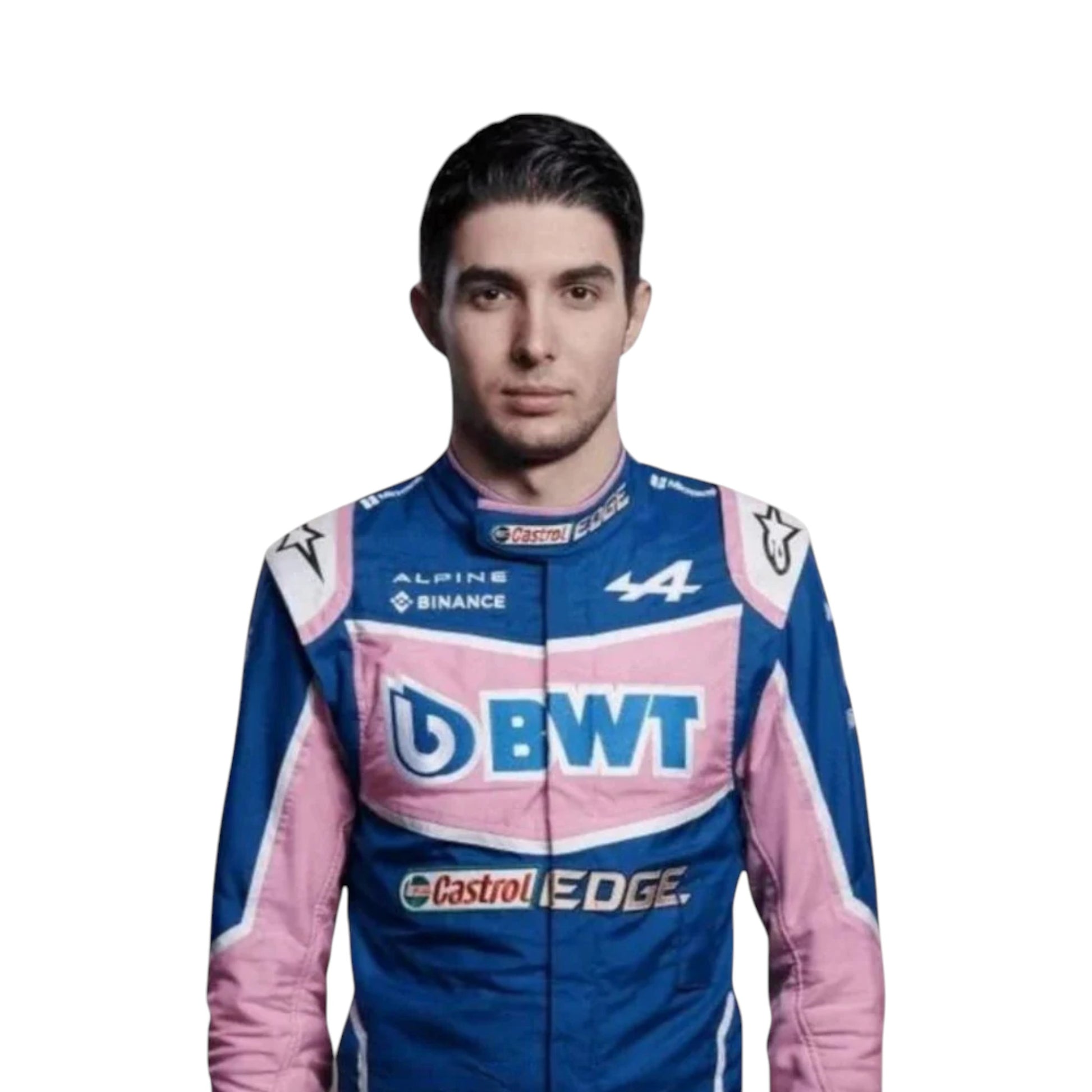 Esteban Ocon 2022 BWT Alpine F1 race suit replica with blue and pink team design featuring sponsor logos