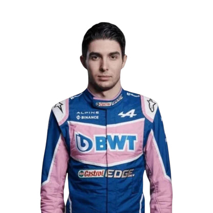 Esteban Ocon 2022 BWT Alpine F1 race suit replica with blue and pink team design featuring sponsor logos