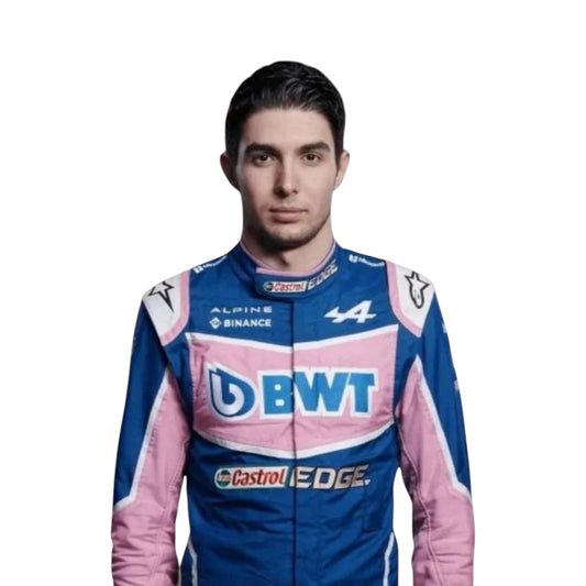 Esteban Ocon 2022 BWT Alpine F1 race suit replica with blue and pink team design featuring sponsor logos