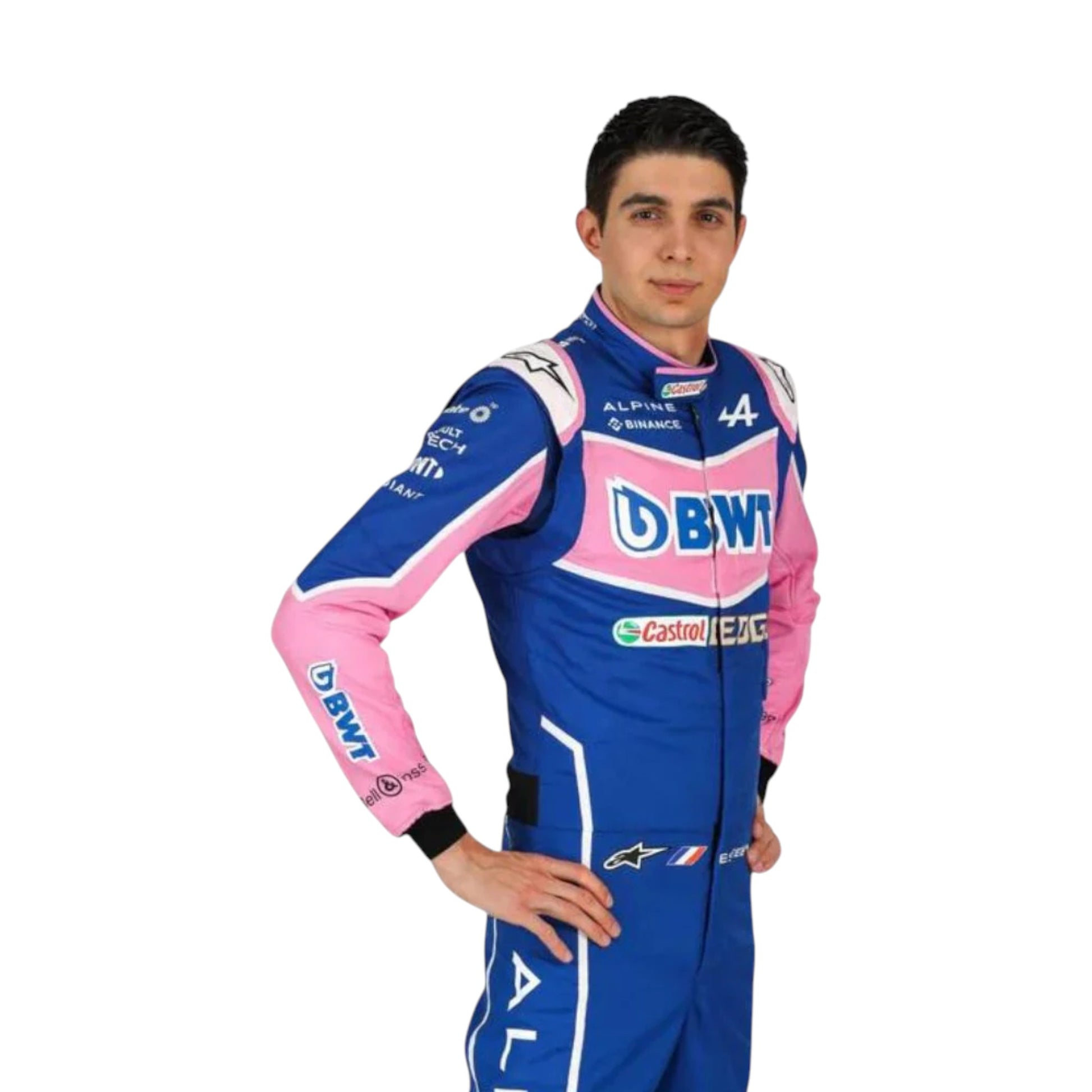 Esteban Ocon 2022 BWT Alpine F1 race suit replica with blue and pink team design featuring sponsor logos