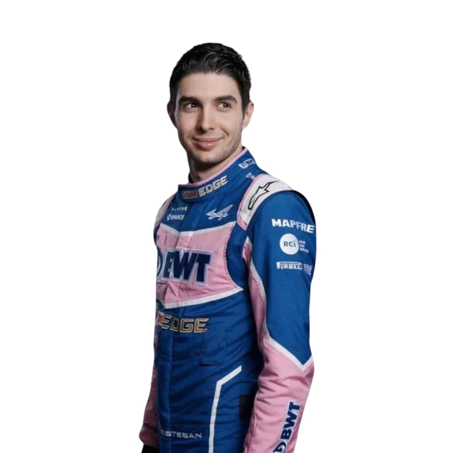 Esteban Ocon 2022 BWT Alpine F1 race suit replica with blue and pink team design featuring sponsor logos