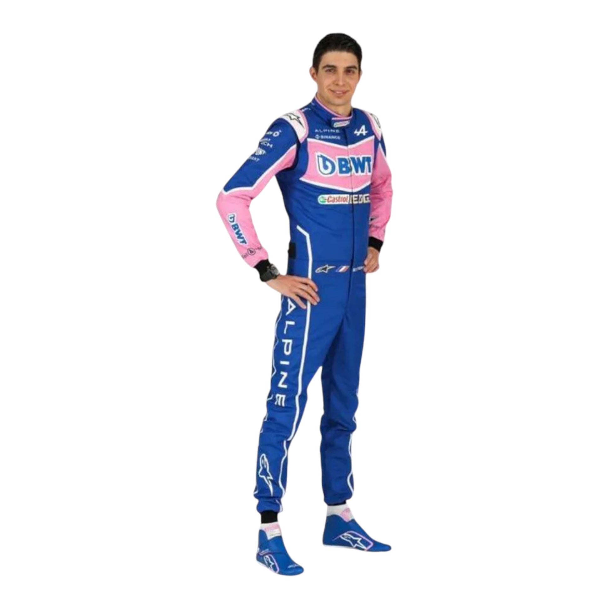 Esteban Ocon 2022 BWT Alpine F1 race suit replica with blue and pink team design featuring sponsor logos