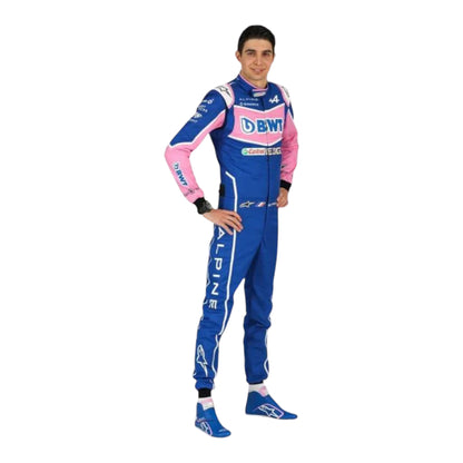 Esteban Ocon 2022 BWT Alpine F1 race suit replica with blue and pink team design featuring sponsor logos
