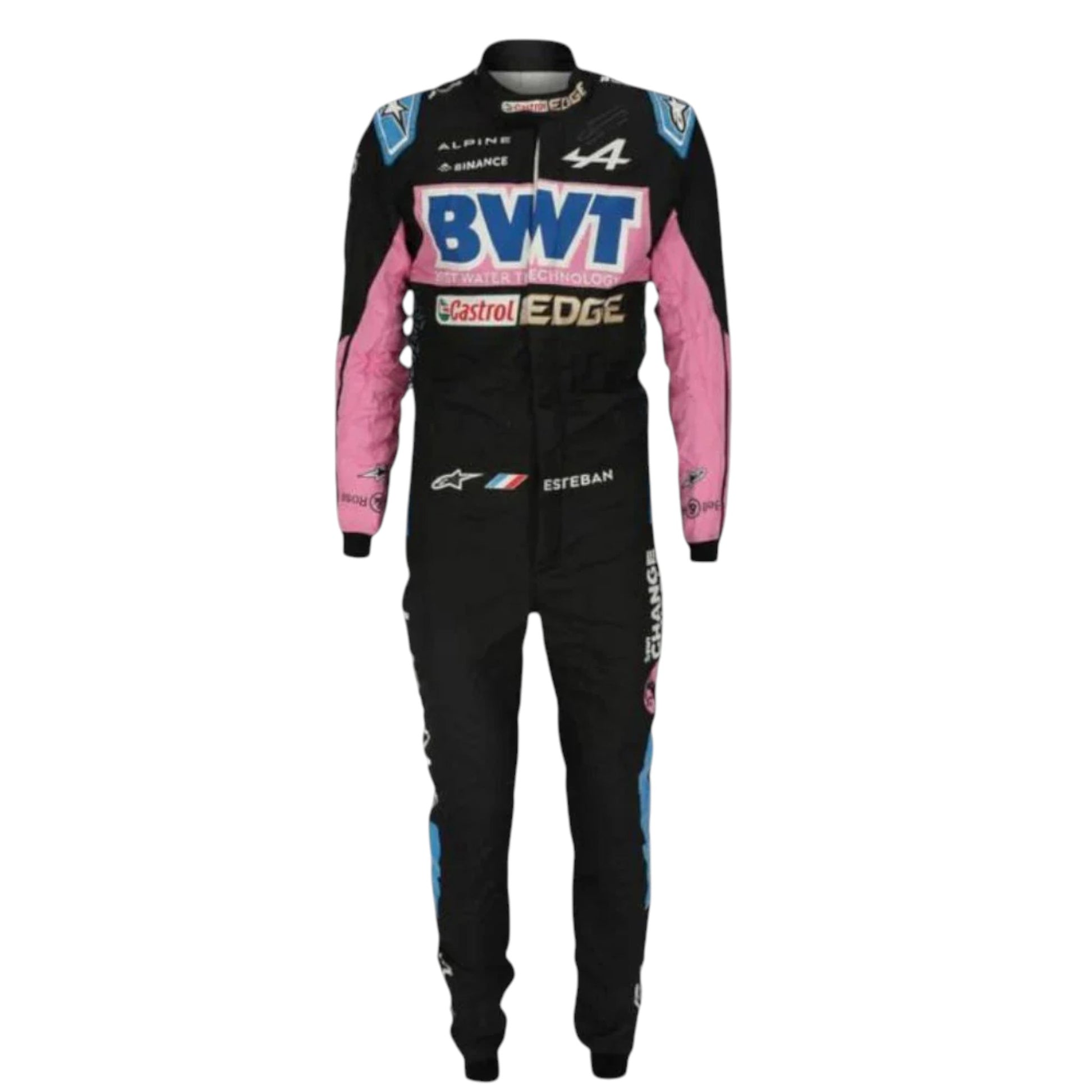 Esteban Ocon 2023 Alpine F1 race suit replica in blue and pink BWT design with sponsor logos