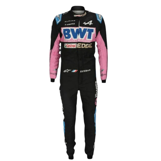 Esteban Ocon 2023 Alpine F1 race suit replica in blue and pink BWT design with sponsor logos