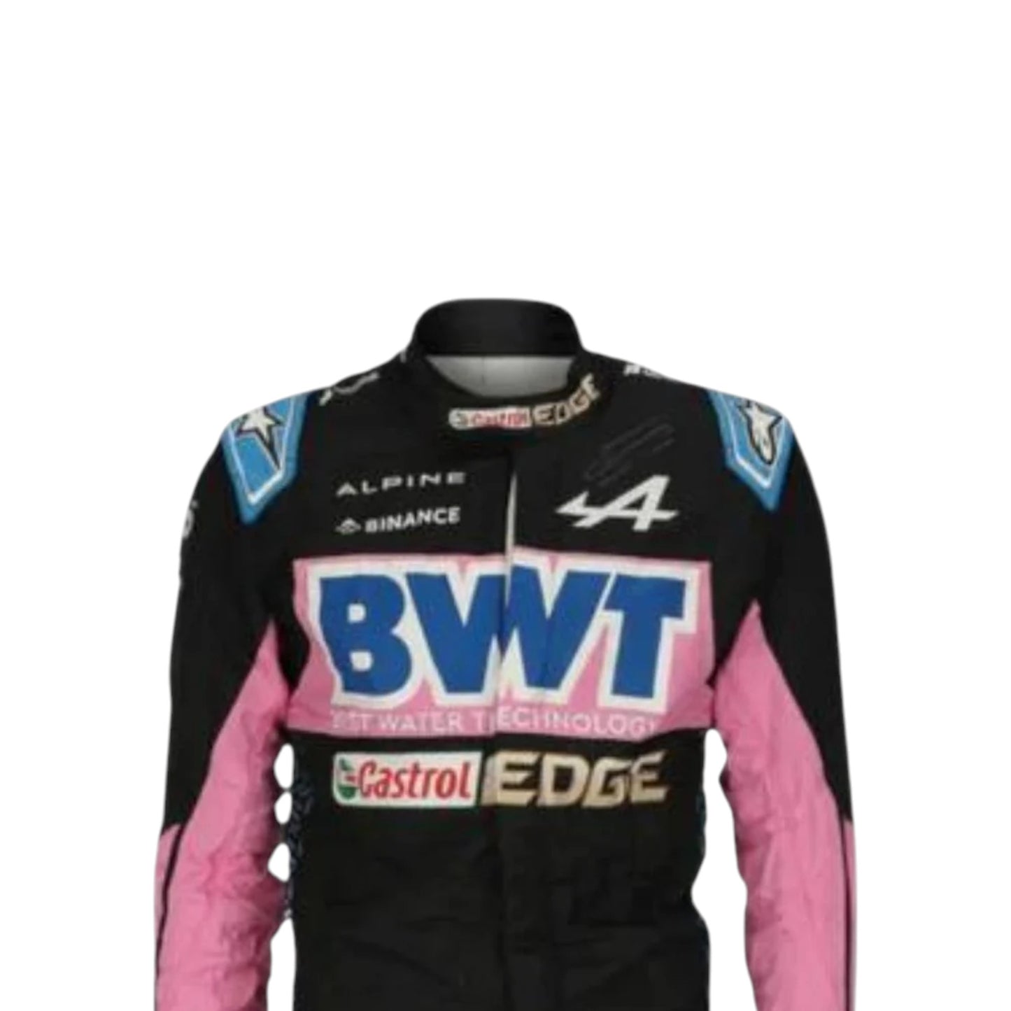 Esteban Ocon 2023 Alpine F1 race suit replica in blue and pink BWT design with sponsor logos