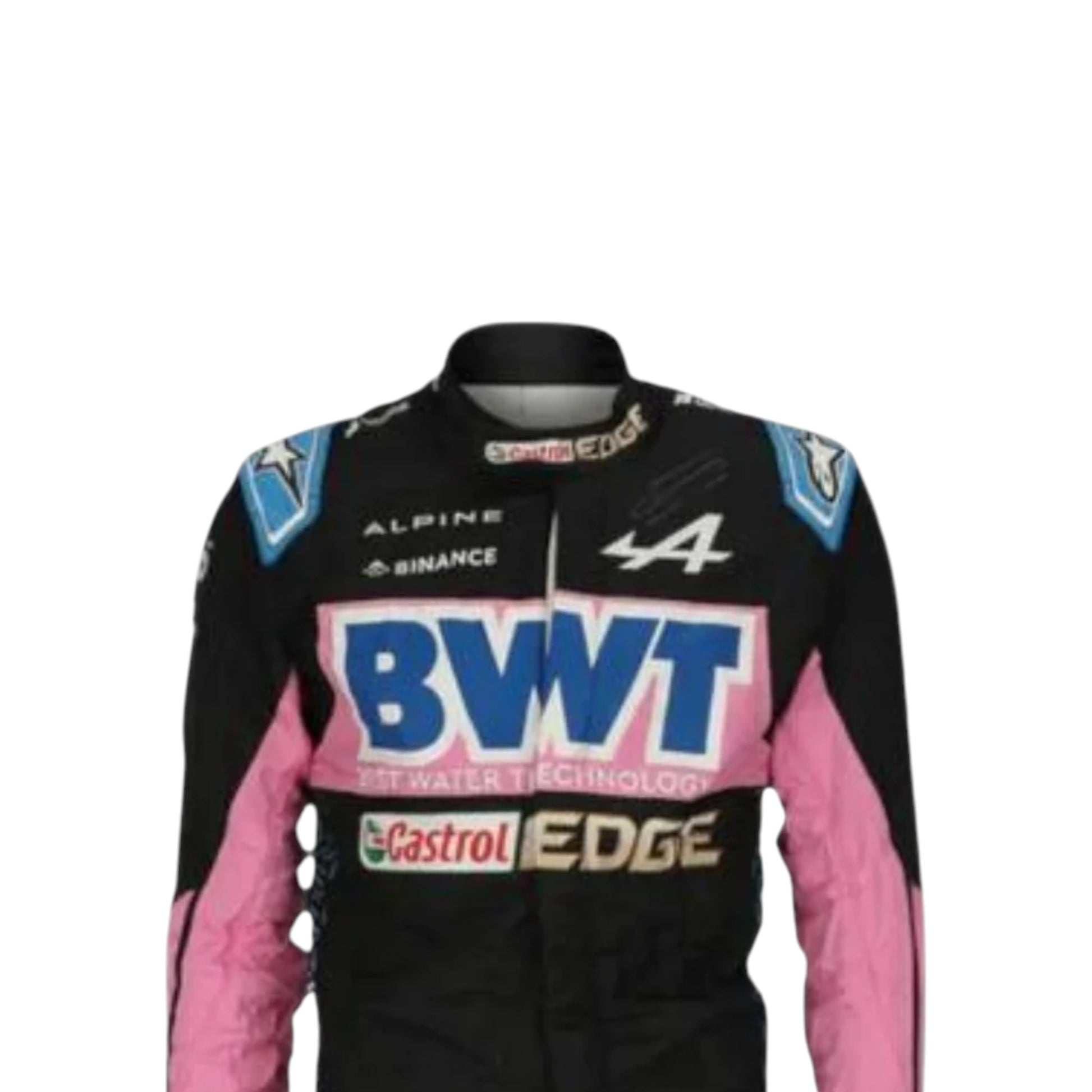 Esteban Ocon 2023 Alpine F1 race suit replica in blue and pink BWT design with sponsor logos