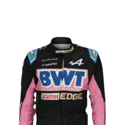 Esteban Ocon 2023 Alpine F1 race suit replica in blue and pink BWT design with sponsor logos