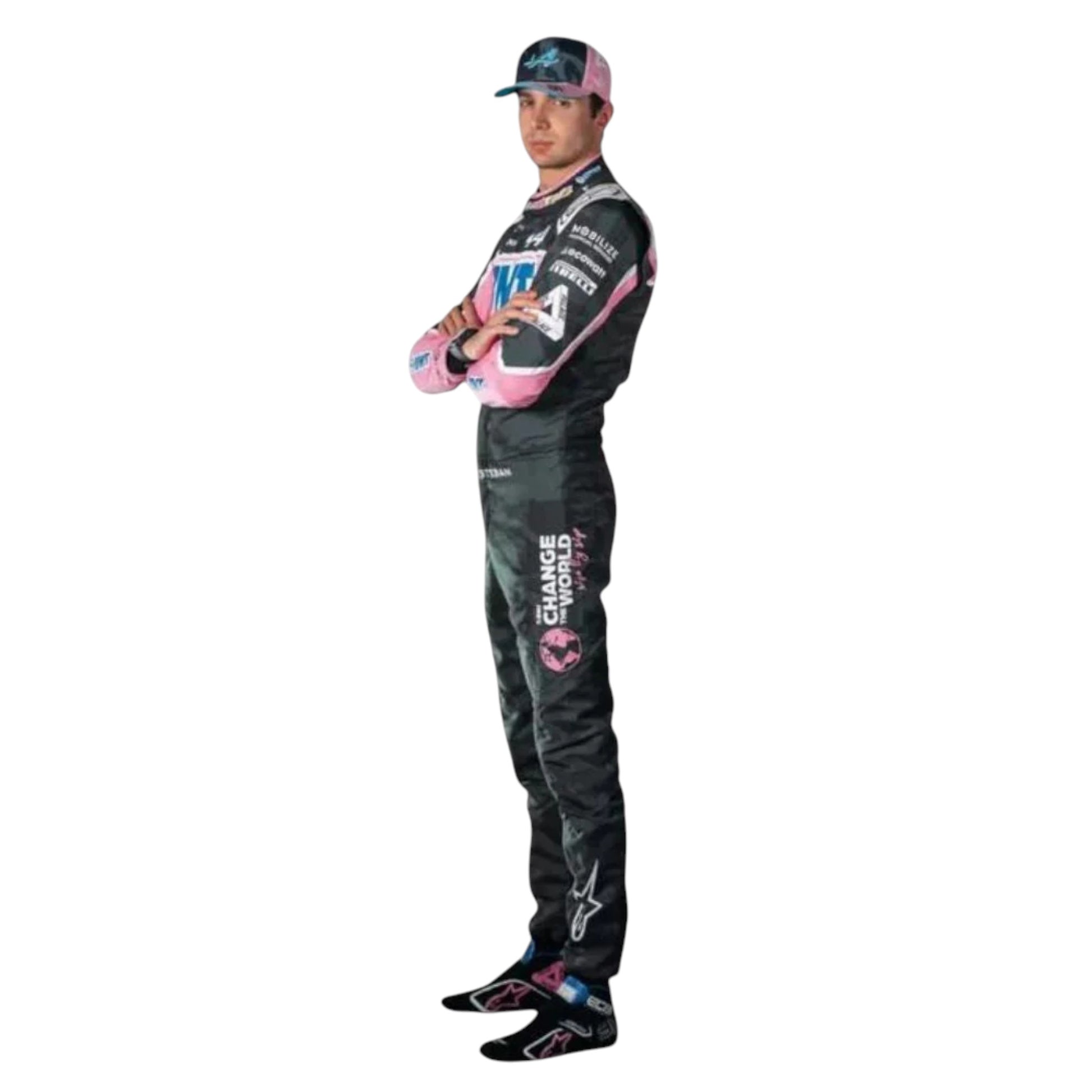 Esteban Ocon 2023 Alpine F1 race suit replica in blue and pink BWT design with sponsor logos