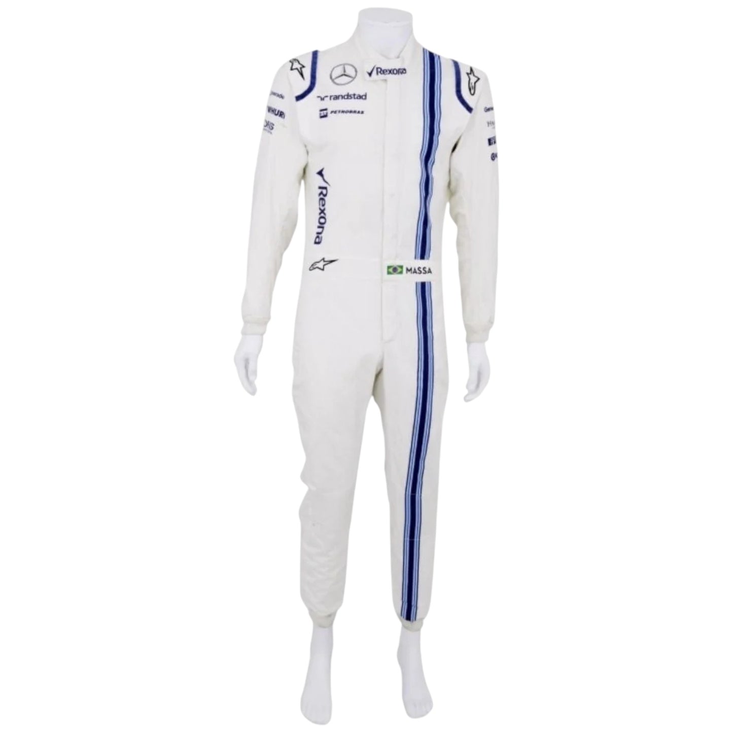 Felipe Massa 2015 Williams F1 race suit replica white suit with blue vertical stripe and team sponsor logos