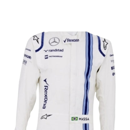 Felipe Massa 2015 Williams F1 race suit replica white suit with blue vertical stripe and team sponsor logos