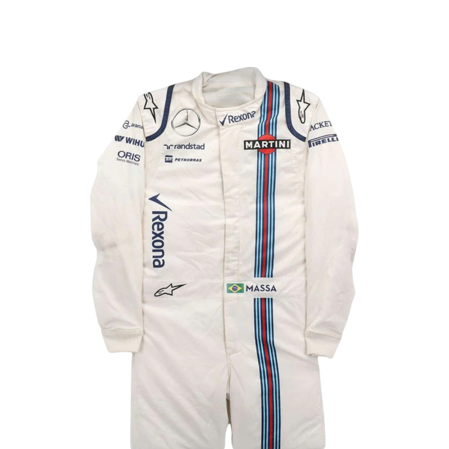 Felipe Massa 2016 Williams F1 race suit replica white design with Martini Racing stripes and team sponsor logos