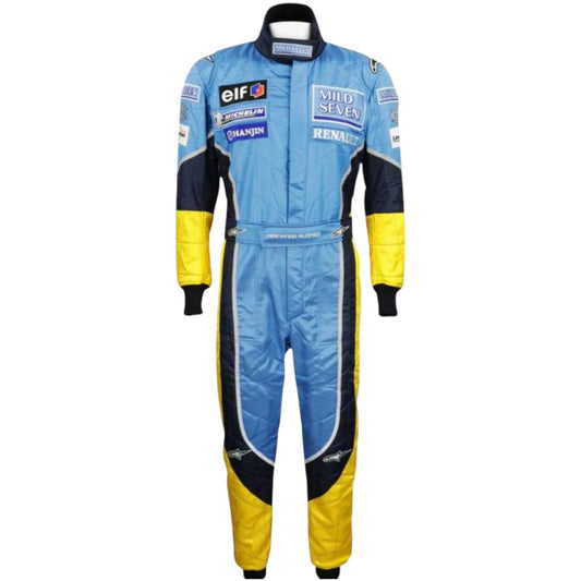 Fernando Alonso 2003 Renault F1 race suit replica in blue and yellow design with Mild Seven Renault team branding