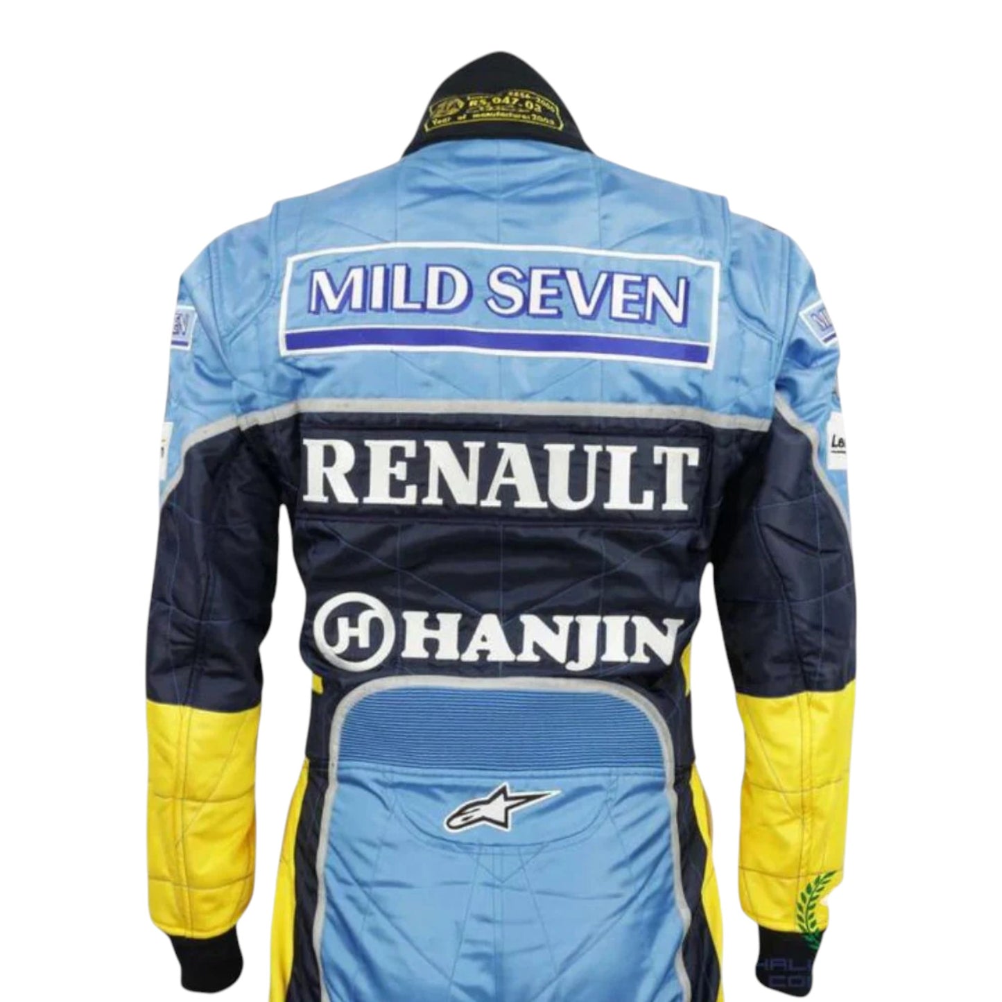 Fernando Alonso 2003 Renault F1 race suit replica in blue and yellow design with Mild Seven Renault team branding
