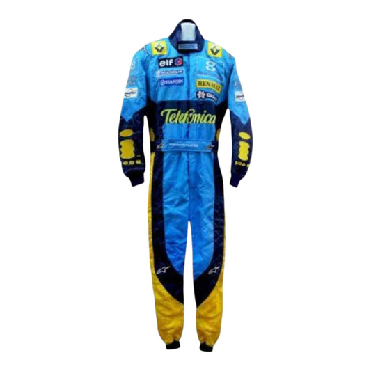 Fernando Alonso 2004 Renault F1 race suit replica in blue and yellow design with Mild Seven Renault team logos