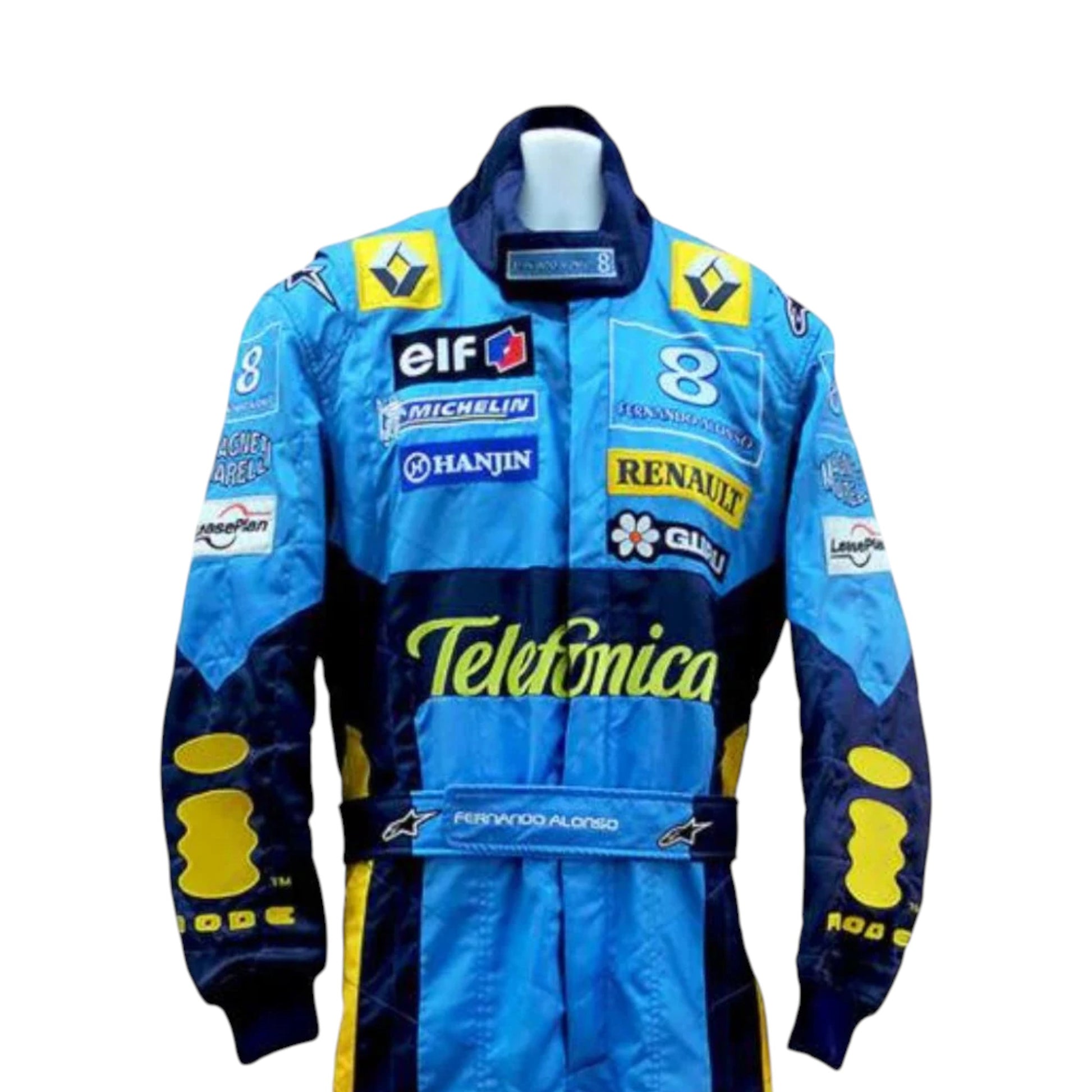 Fernando Alonso 2004 Renault F1 race suit replica in blue and yellow design with Mild Seven Renault team logos